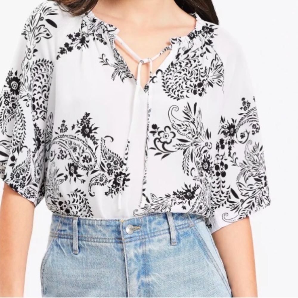 LOFT Garden Tie Neck Mixed Media Blouse Black and White Flowy Loose Relaxed Fit